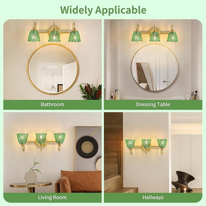 Bathroom Light Fixtures (3-Light), Vintage Brushed Gold Vanity Lights for Bathroom with Green Tulip Crystal Glass Shade, Vanity Wall Light Over Mirror for Bedroom Living Room Hallway
