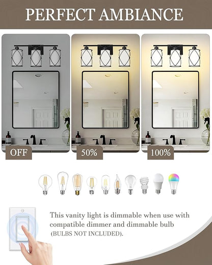 3-Light Black Bathroom Light Fixtures with Milk White Frosted Glass, 21" Modern Bathroom Vanity Lighting Fixtures Over Mirror with Metal Cage, Wall Sconce Lights for Bath, E26, CH9176BKW-3W