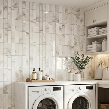 80-Piece Polished Marble Thick PVC Peel and Stick Backsplash, 2" x 8" Waterproof Subway Tile Peel and Stick Wall Tiles for Kitchen and Bathroom