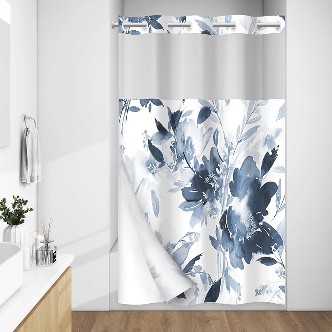 No Hook Floral Shower Curtain with Liner, Aqua Blue, 54x80 | Snap in Liner, 3 in 1, Water Repellent, Easy Install, Machine Washable, Hotel Style for Bathroom, Watercolor Pattern