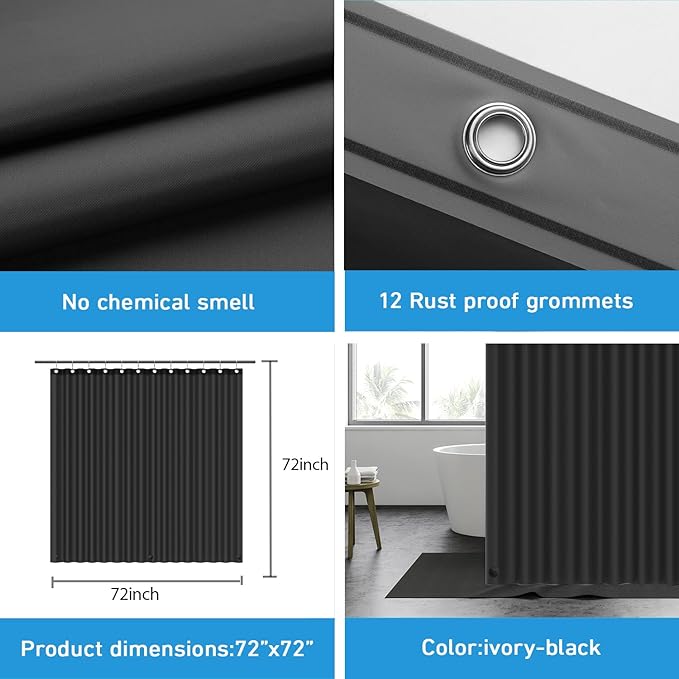 EHZNZIE Shower Curtain Liner Light Weight PEVA, Shower Liner 72x72 Inches, Waterproof, No Chemical Smell with 12 Rust Proof Metal Grommets for Bathroom Shower Curtain, Black