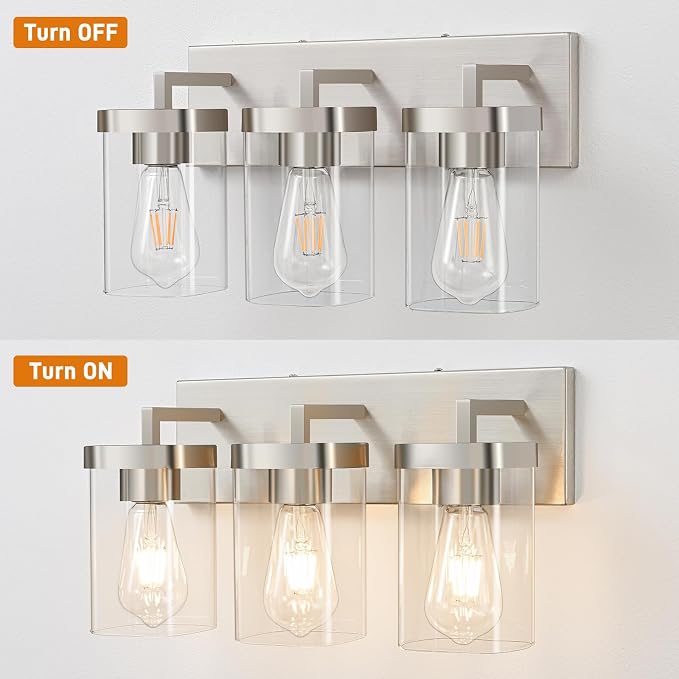 3-Light Bathroom Lighting Fixtures over Mirror, Brushed Nickel Vanity Lights with Square Transparent Glass Shade. Modern Bathroom Vanity Light for Mirror Kitchen, Living Room, Gallery, Hallway