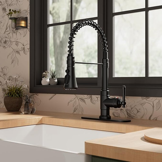 FORIOUS Black Vintage Kitchen Faucet Pull Down Sprayer Stainless Steel, High Arc Single Handle Antique Sink Faucet 1 or 3 Holes for Pot Filler, Farmhouse Camper RV Wet Bar