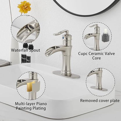 Waterfall Bathroom Faucet Brushed Nickel GGStudy Single Handle One Hole Farmhouse Bathroom Vanity Faucet Basin Mixter Tap Deck Mount with Drain Assembly