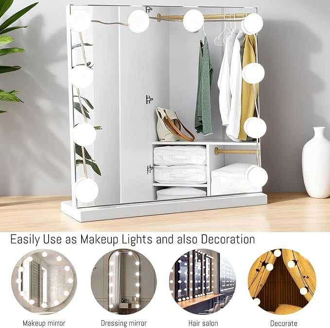 LED Vanity Lights for Mirror Hollywood Style USB Fill Light Adjustable Color and Brightness Mirrors Lights Stick on Makeup Table,Bathroom,Dressing Room (No Mirror Include) (10 Bulbs)