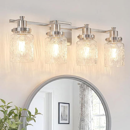 4 Light Bathroom Vanity Light Fixtures Modern Brushed Nickel | ETL Certificate, Easy to Install,Wall Mount Up or Down,Hammered Glass Lampshade,E26 Socket,Hardwired,120V