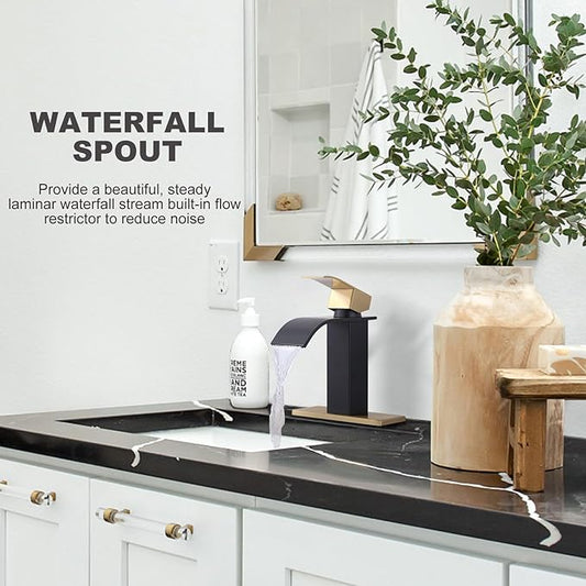Black and Gold Bathroom Faucet, ARCORA Waterfall Faucet for Bathroom Sink Single Handle Mixer Tap Lavatory Vanity Faucet with Deck Plate and Pop Up Drain, 1 or 3 Hole
