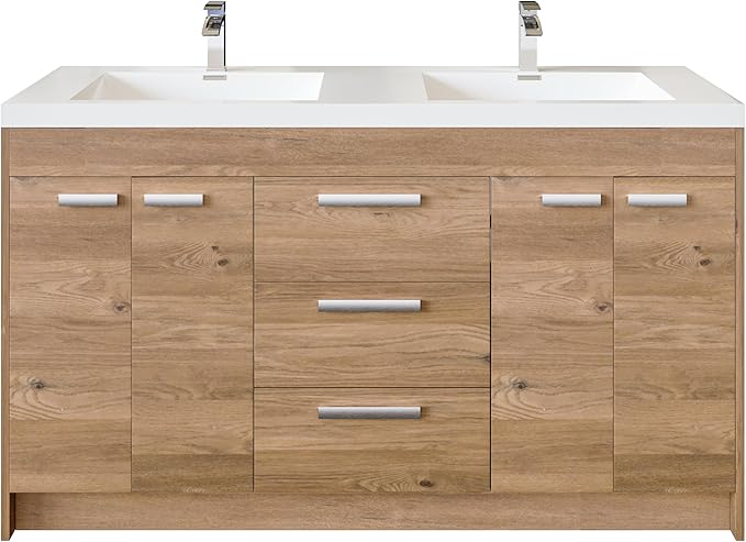 Eviva Lugano 60 in. Natural Oak Double Sink Bath Vanity with Acrylic Top and Integrated Sinks