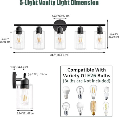Espird Bathroom Vanity Light Fixtures Matte Black Bathroom Lighting Fixture, 5 Lights Bathroom Light Fixture Over Mirror, Modern Black Vanity Light, Wall Sconces with Glass Shades