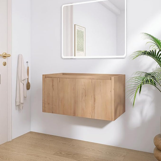 36" Floating Bathroom Vanity,36 Inch Bathroom Vanity Without Top Sink,Modern Floating Vanity Cabinet,Brown Wall Mounted Cabinet with Soft Closing Doors,Plywood(Sink Basin Not Included)