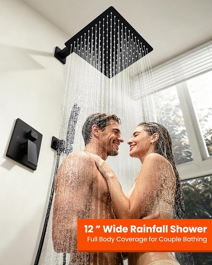 gotonovo Tub Shower Faucet Set with Valve 12'' Rain Head,Matte Black | Waterfall Tub Spout Shower System,Bathtub Faucet Set,SUS304 Rain Head with Handheld,Brass Valve Trim Kit,All Metal,Wall Mount