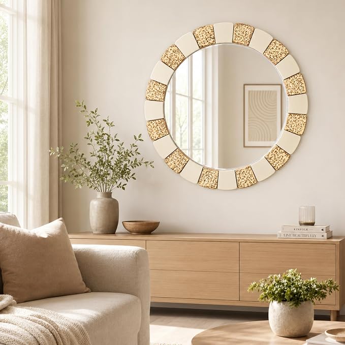 Saliwa 27 Inch Round Bathroom Mirror, Wood Framed Wall Mirror, Rustic Farmhouse Round Mirror for Vanity, Entryway, Living Room, Bedroom and Hallway