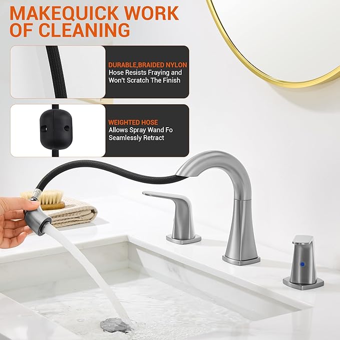 Brushed Nickel Bathroom Faucet with Sprayer - Rotatable Bathroom Faucets for Sink 3 Holes, 8In Widespread Bathroom Pull Down Faucet, 2-Handle Vanity Faucet with Pull Out Sprayer 360 Swivel