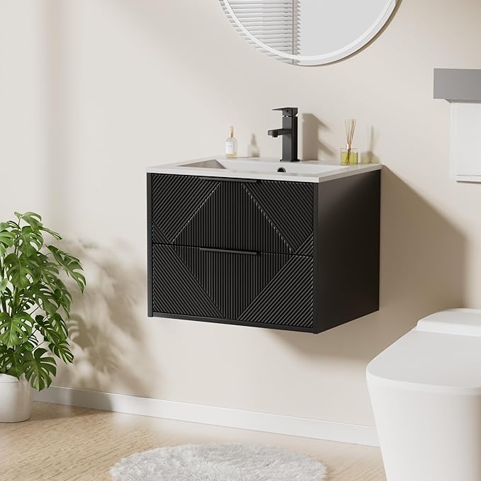 LUCKWIND 24" Floating Bathroom Vanity with Sink Combo, Wall Mounted Floating Cabinet with 2 Large Soft-Close Drawers & Water Saving Faucet, Geometric Textured Design in Black