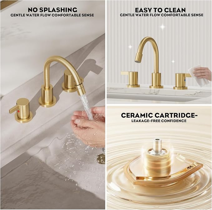 Pull Down Sprayer Brushed Gold 8 Inch Bathroom Sink Faucet, 2 Handles 3 Hole Widespread Pull Out Bathroom Faucet，with Pop Up Drain and Water Supply Line,BF04022-K01-BG
