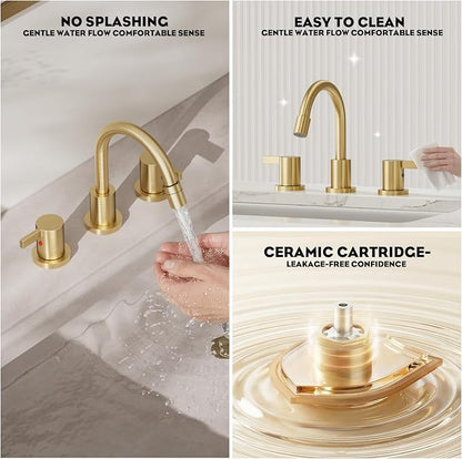 Pull Down Sprayer Brushed Gold 8 Inch Bathroom Sink Faucet, 2 Handles 3 Hole Widespread Pull Out Bathroom Faucet，with Pop Up Drain and Water Supply Line,BF04022-K01-BG