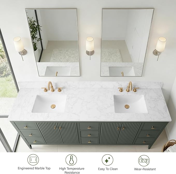 Vanity Art 84 inch Bathroom Vanity with Double Sink & Ceramic Top, Vanity Cabinet with Soft-Closing Door, Solid Wood Frame, Linear Pattern, Walnut, Golden Brushed Handware,Vintage Green