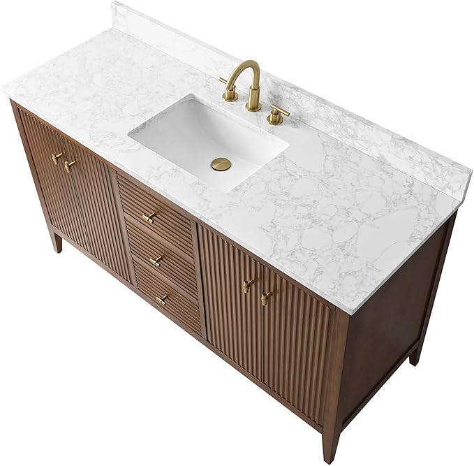 HOMEBEYOND 60" Bathroom Vanity with Single Sink, Solid Wood Bathroom Vanity Free-Standing Cabinet, Ceramic Top & Soft Closing Door, Golden Brushed Handware, Walnut