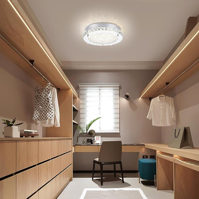 Flush Mount Crystal Ceiling Light Modern LED Ceiling Light Fixture Flush Mount 13 Inch Kitchen Ceiling Light for Bedroom, Laundry Room, Hallway, Balcony, Dimmable 3000K/4000K/5000K