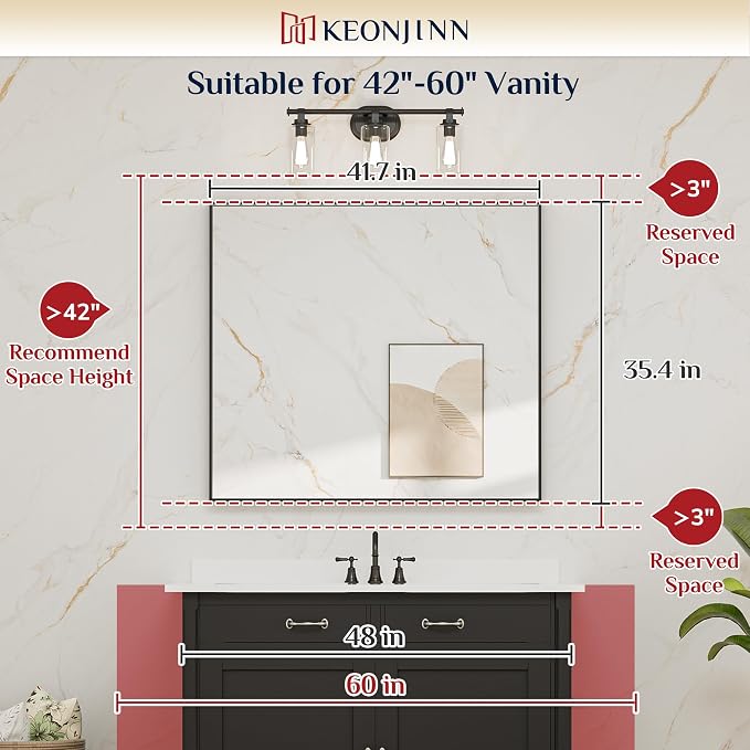 Keonjinn 42x36 Inch Matte Black Bathroom Mirror for Over Sink, Rectangular | HD Tempered Glass, Vanity Mirror, Brushed Framed, Square Corner, Modern Farmhouse, Wall Mounted Mirrors, Aluminum Alloy
