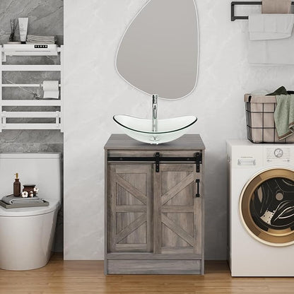 24" Farmhouse Bathroom Vanity with Sink, Bathroom Storage Cabinet with Sliding Barn Doors & Metal Handle, Freestanding Vanity with Tempered Clear Boat Glass Vessel Sink Combo Set