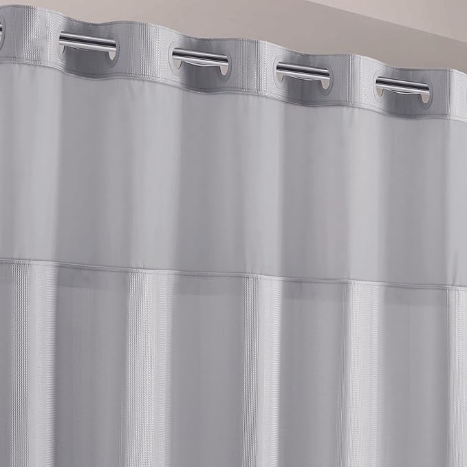 Hookless It’s A Snap! Waffle Stripe Shower Curtain, 2-in-1 Shower Curtain Includes Fabric Shower Curtain with Sheer Top Window and Flex-On Rings, Liner Compatible, 71” x 74”, Light Grey