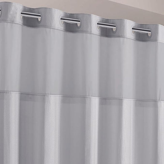 Hookless It’s A Snap! Waffle Stripe Shower Curtain, 2-in-1 Shower Curtain Includes Fabric Shower Curtain with Sheer Top Window and Flex-On Rings, Liner Compatible, 71” x 74”, Light Grey