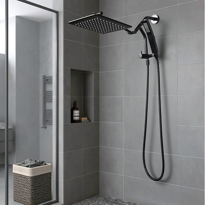 G-Promise All Metal Shower Diverter with Low Handheld Holder (Matte Black) | 6 Inch Downward-Extend Bracket for All Heights, 4 Spray Modes with Pause Mode, Anti-Leak, Easy Install, Universal Replacement