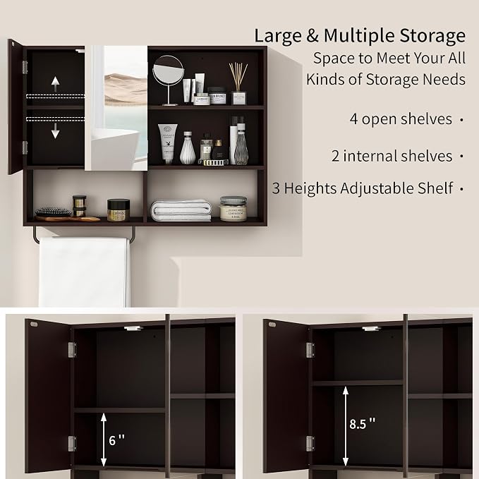 Bathroom Wall Cabinet, Medicine Cabinet, with Mirror & Towel Bar, Espresso