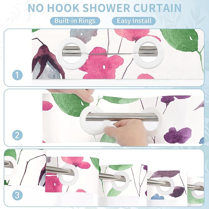 No Hook Colorful Watercolor Floral Shower Curtain and Liner Set, 72x86 | Spring Flower Shower Curtains with Snap-in Liner for Farmhouse Bathroom Decor, Botanical Bathroom Curtain with Leaves