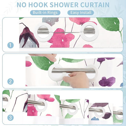No Hook Colorful Watercolor Floral Shower Curtain and Liner Set, 72x74 | Spring Flower Shower Curtains with Snap-in Liner for Farmhouse Bathroom Decor, Botanical Bathroom Curtain with Leaves