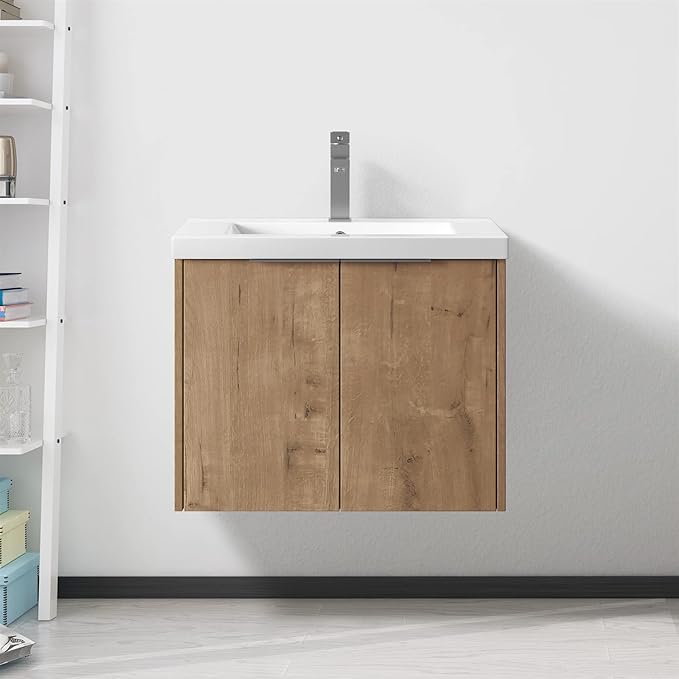 SSLine Wall Mounted Bathroom Vanity with Sink Combo Modern 24-Inch Single Bathroom Vanity Set with Top Basin &Storage Cabinet Wood Hanging Bath Cabinet w/Resin Sink for Small Space(Brown)