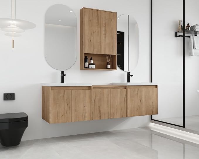 72'' Floating Bathroom Vanity with Double Sink, and 1 Side Cabinet, Brown | Double Sink Combo with 24" Side Cabinet, Plywood Cabinet, Resin Basin, Ample Storage, Soft-close Hinge, Assembly Required