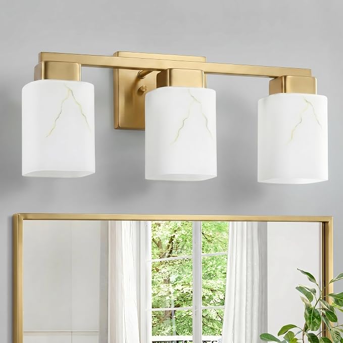 3-Light Square Bathroom Light Fixture, Gold Modern Vanity Light with White Marble Glass Shade, for Bathroom Mirror, Living Room, Bedroom, Hallway, E26 Base