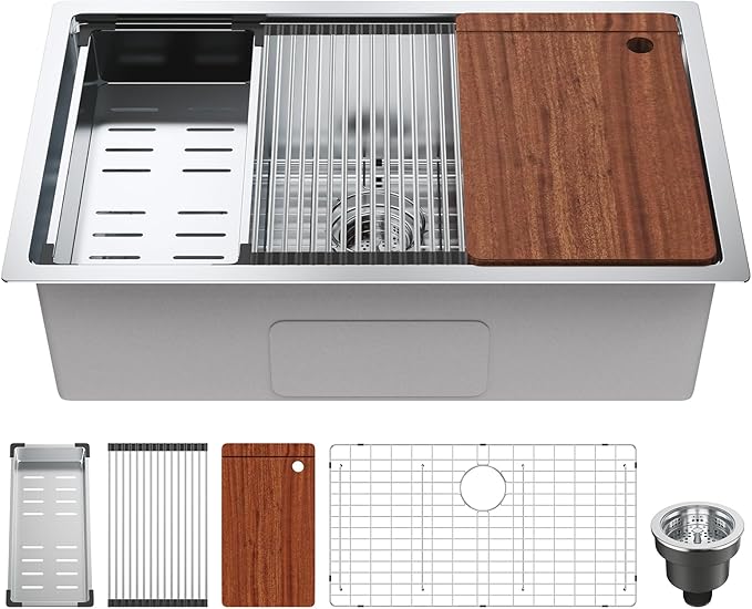 VEVOR 30 inch Kitchen Single Sink, 304 Stainless Steel Undermount Sink Drop-In Single Bowl Farmhouse Basin with Ledge & Multiple Accessories, Household Dishwasher Sinks for Prep Kitchen, Bar 30"*19"