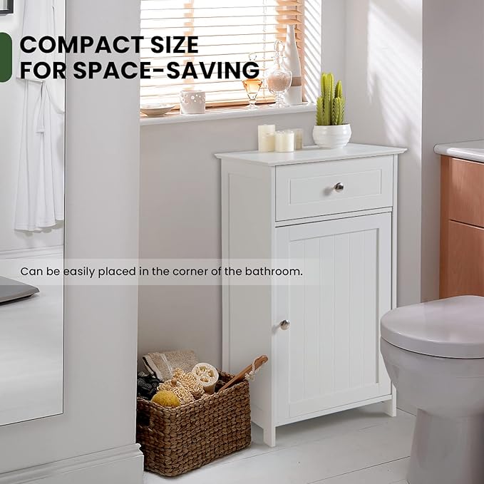 COSTWAY Bathroom Storage Cabinet, Wooden Freestanding Storage Organizer with Deep Drawers & Adjustable Shelf, Single Door Floor Cabinet for Living Room, Bathroom, Kitchen, Entryway, White