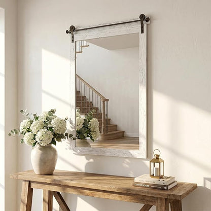24"x36" Whitewashed Barn Door Vanity Mirror with Wood Header | 100% solid wood, HD tempered glass, bronze-tone iron rail; coastal farmhouse mirror for over sink, guest bath, entryway