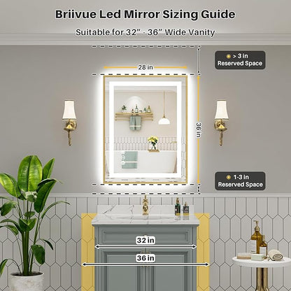 28x36 Inch LED Bathroom Mirror with Gold Frame, Backlit & Front Lit, Anti-Fog Lighted Bathroom Vanity Mirror for Wall, Memory Function, Dimmable, HD Tempered Glass, Shatter-Proof