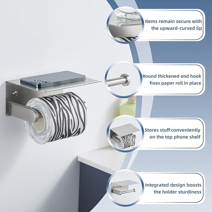 Toiler Paper Holder with Phone Shelf, Brushed Nickel, Wall Mounted | 304 Stainless Steel, Rust-resistant Tissue Holder for Bathroom Restroom Powder Room, Stable Paper Roll & Phone Storage