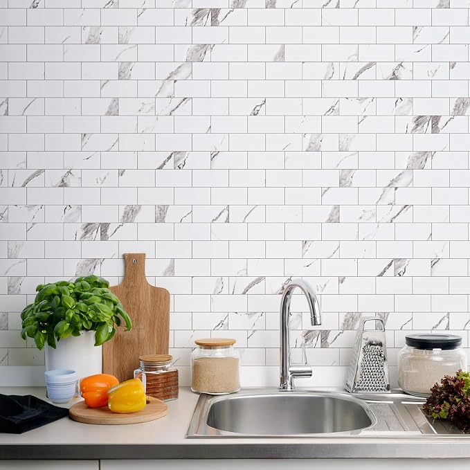 STICKGOO 10-Sheet Subway Tile Peel and Stick Backsplash, Calacatta | Marble Look Kitchen Backsplash Wall Tiles, Peel and Stick Wall Panels for Bathroom, Fireplace, RV