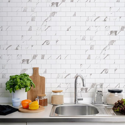 STICKGOO 10-Sheet Subway Tile Peel and Stick Backsplash, Calacatta | Marble Look Kitchen Backsplash Wall Tiles, Peel and Stick Wall Panels for Bathroom, Fireplace, RV