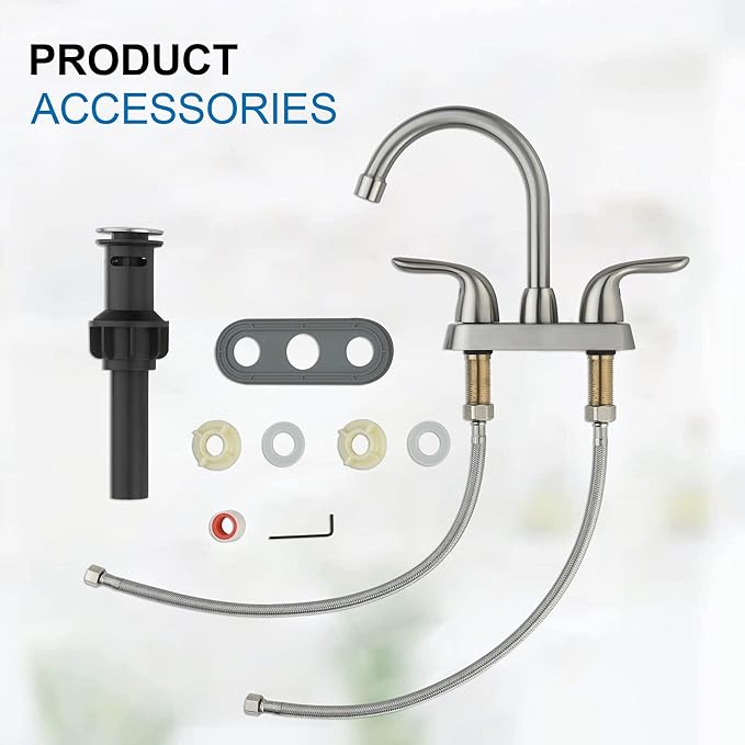Bathroom Sink Faucets, 4 Inch, 2 Handle Centerset, Pop-up Drain Stopper, Supply Hoses (4-inch Centerset Faucet, Brushed Nickel)