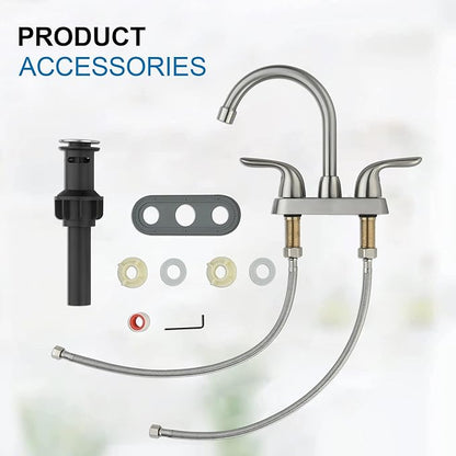 Bathroom Sink Faucets, 4 Inch, 2 Handle Centerset, Pop-up Drain Stopper, Supply Hoses (4-inch Centerset Faucet, Brushed Nickel)