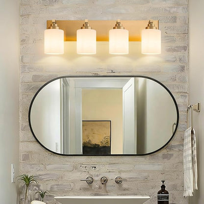 Vanity Lights for Bathroom, 4-Light Brushed Gold Bathroom Vanity Light Over Mirror with Milky White Glass Shades, Modern Bathroom Light Fixtures for Living Room Hallway Cabinet (Bulbs Not Included)