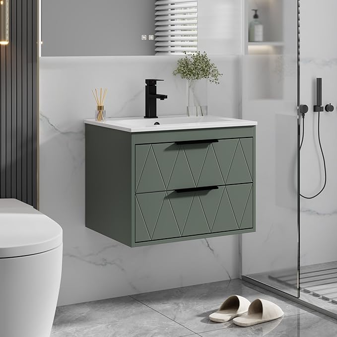 eclife 24" Bathroom Vanities Cabinet with Sink Combo, Wall Mounted Floating Cabinet W/Decor Line, Soft-Close System, 2 Extra Big Drawers, Matte Black Faucet, Gray Green