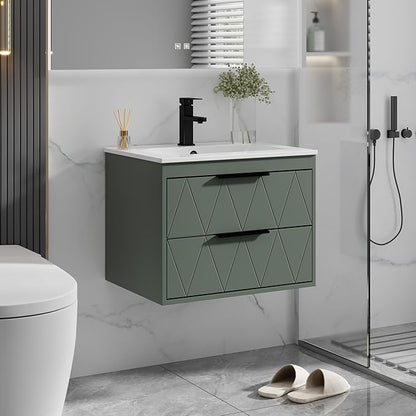 eclife 24" Bathroom Vanities Cabinet with Sink Combo, Wall Mounted Floating Cabinet W/Decor Line, Soft-Close System, 2 Extra Big Drawers, Matte Black Faucet, Gray Green