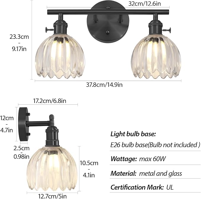 Matte Black 2 Light Bathroom Vanity Light,14.9in Modern Bathroom Lighting Fixtures Over Mirror with Clear Crystal Glass Shade,Vintage Vanity Lights for Bathroom Living Room Bedroom（not include bulbs)