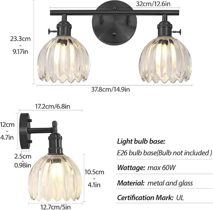 Matte Black 2 Light Bathroom Vanity Light,14.9in Modern Bathroom Lighting Fixtures Over Mirror with Clear Crystal Glass Shade,Vintage Vanity Lights for Bathroom Living Room Bedroom（not include bulbs)