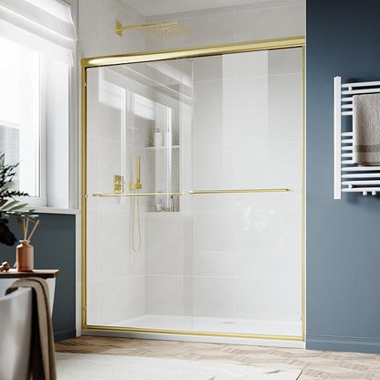 SUNNY SHOWER Double Sliding Glass Door 54" W x 72" H Shower Door 1/4" Tempered Glass Sliding Door Semi-Frameless Shower Glass Enclosure Bypass Walk in Shower Cabin, Brushed Gold