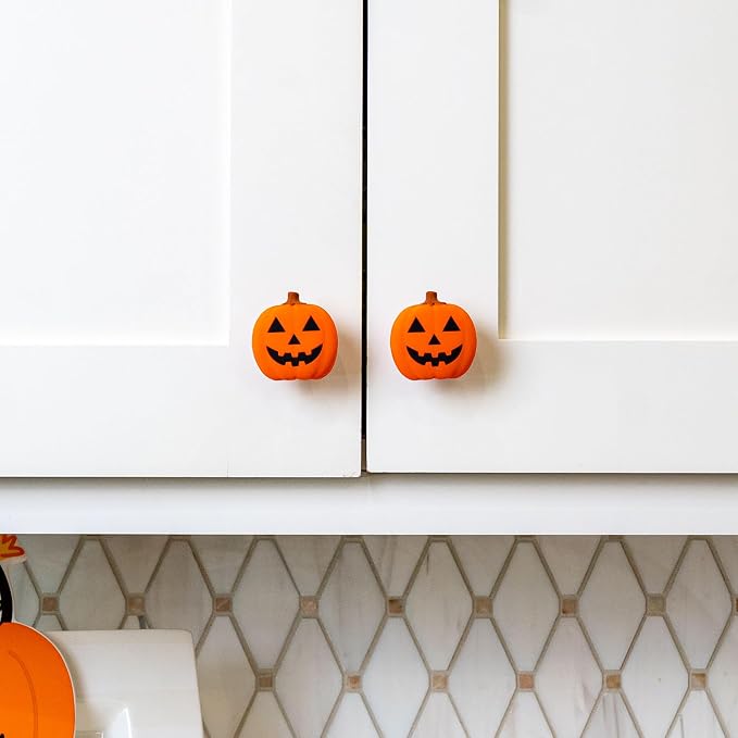 Knobēz 12pk Jack o Lantern Decorative Knob Covers for Halloween Decor | Stretchy autumn seasonal accents fit 1 to 1.5 in round or square cabinet hardware for kitchen, bathroom, and dressers
